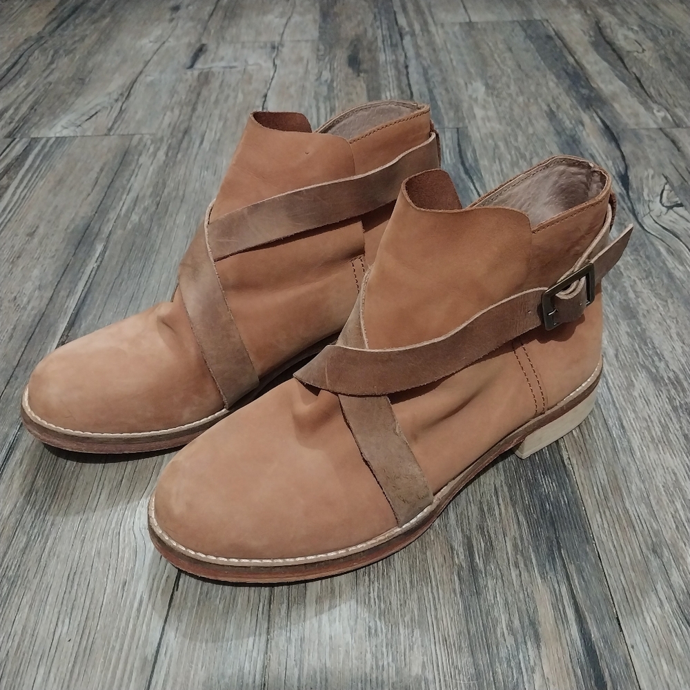 Free People Las Palmas Ankle Booties Womens 37 Brown Leather Buckle Strap Boot